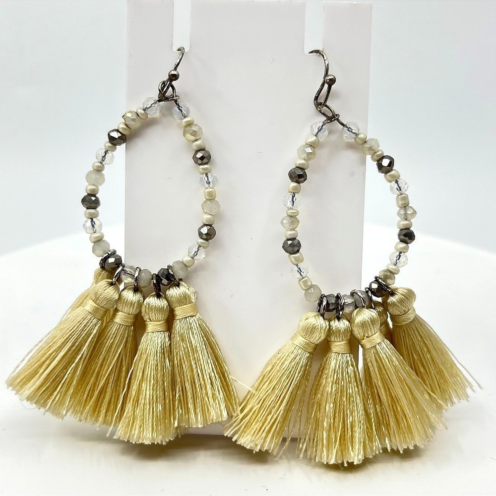 VTG Boho Cream Tassel Beaded Hoop Earrings Neutral Champagne Eclectic Statement